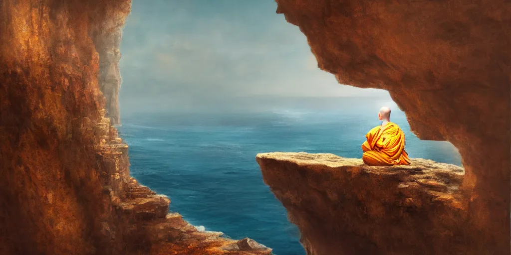 Image similar to A cliff with a narrow ledge looks out onto a vast ocean a monk sits on the ledge in the lotus position, cinematic lighting, detailed oil painting, hyperrealistic, 8k