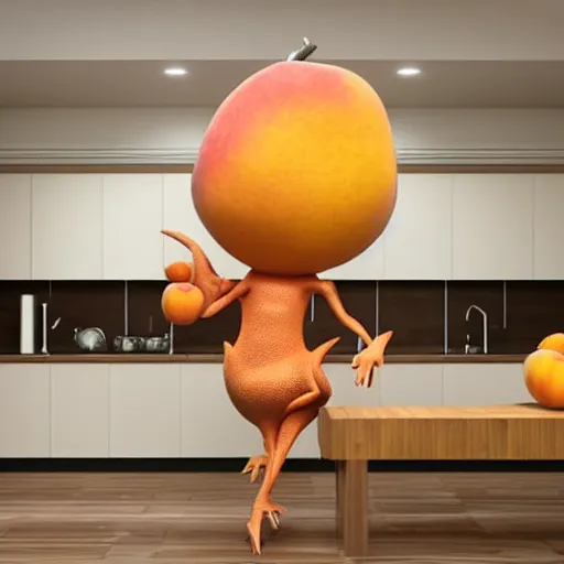 Prompt: a peach inspired creature dancing in a kitchen, kitchen interior, highly detailes