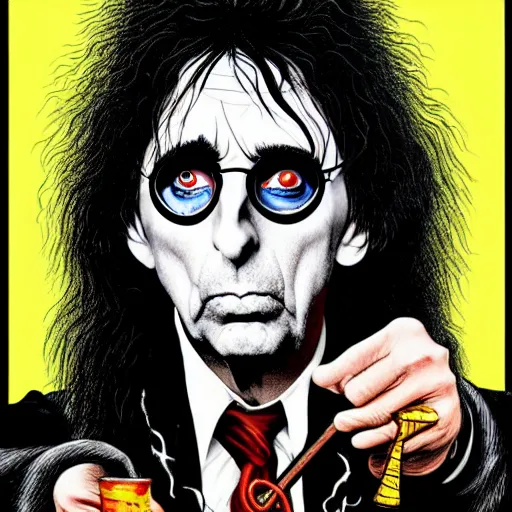 Prompt: graphic illustration, creative design, alice cooper as harry potter, biopunk, francis bacon, highly detailed, hunter s thompson, mixed media