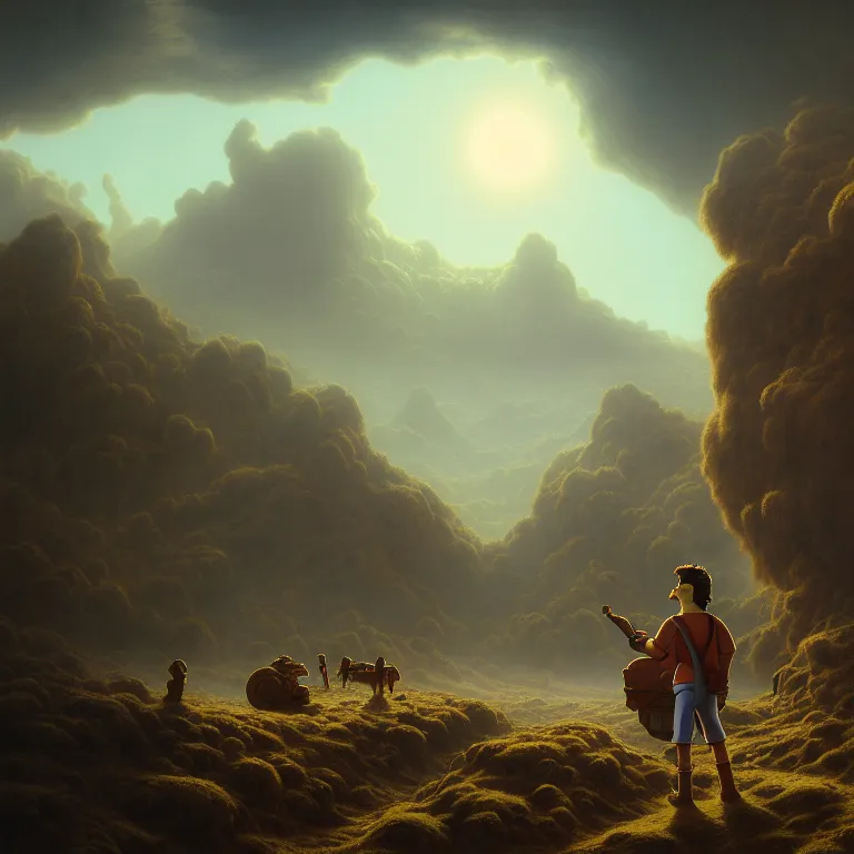 Image similar to young man with short brown hair and beard travelling with the simpsons through wastelands, baroque landscape painting, beautiful intricate insanely detailed octane render, artstation, 8 k artistic photography, photorealistic, volumetric perfect light, chiaroscuro, raphael, caravaggio, beksinski, rutkowski, giger