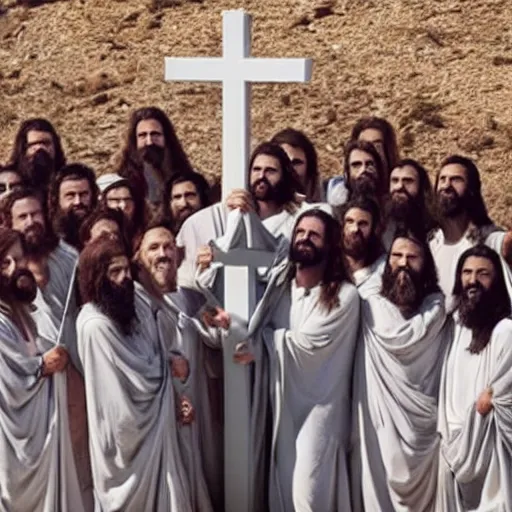 Image similar to a photo of jesus of nazareth and his 1 2 apostles taken with a selfie stick in front of a cross