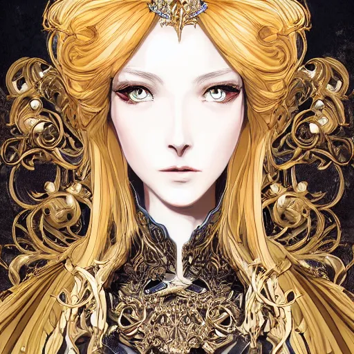 Image similar to portrait of a queen, baroque style, elegant, beautiful, mesmerizing, concept art, fancy clothing, highly detailed, artstation, behance, deviantart, inspired by innocent manga, inspired by castlevania concept art, trending, ayami kojima, shinichi sakamoto