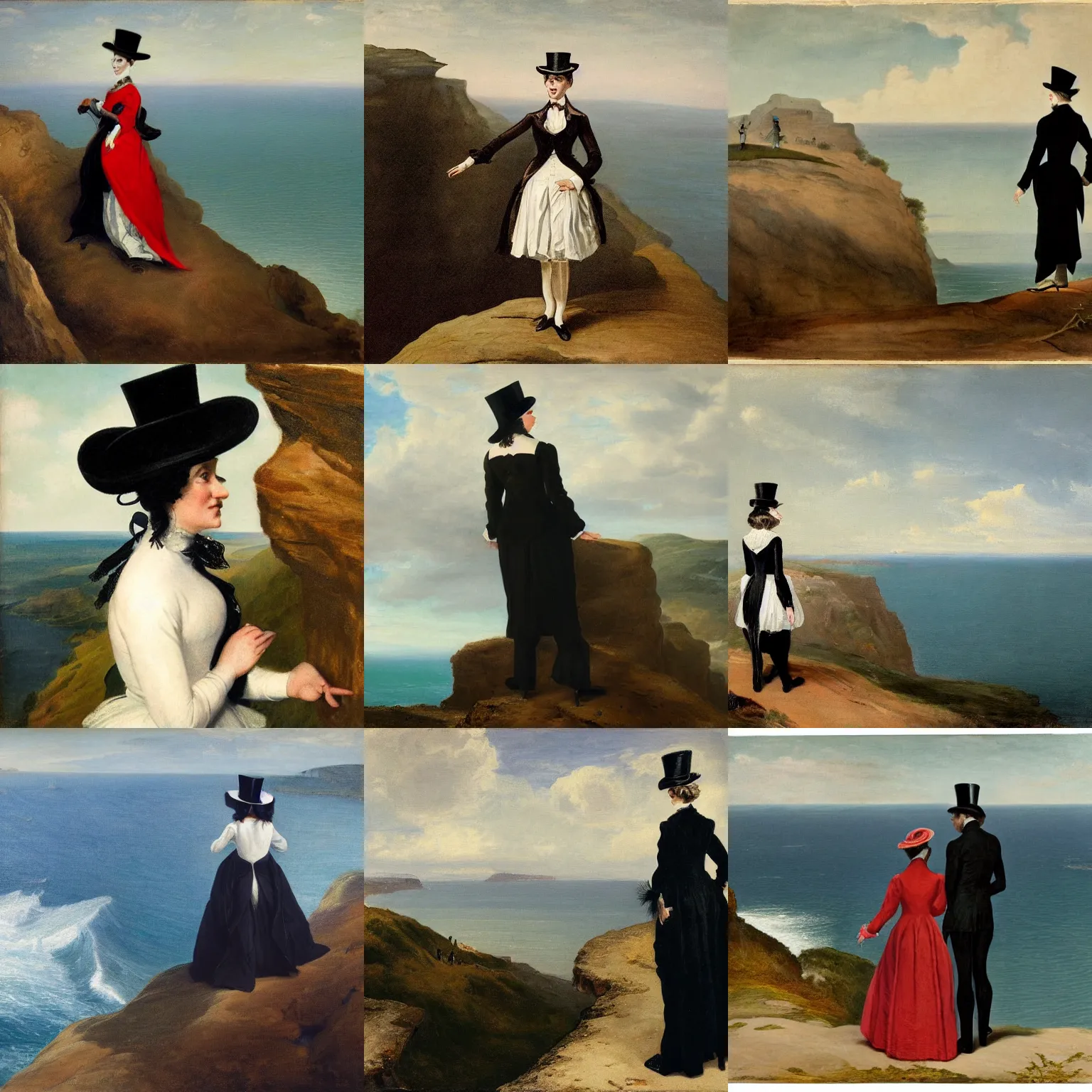 Prompt: a woman wearing a man's top hat and silk tailcoat, looking at the horizon from the top of a cliff, painting