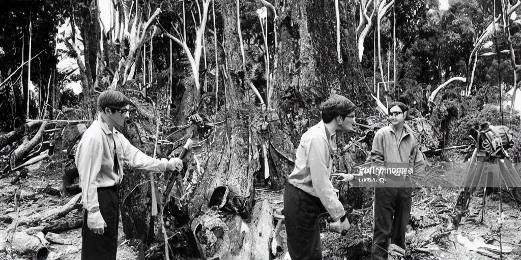 Prompt: bbc tv presenter louis theroux holding a microphone talking to men cutting down ancient kauri trees at great barrier island, new zealand. enormous giant logs in background 1 9 5 0's photograph