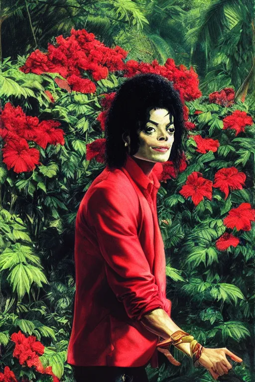 Prompt: michael Jackson in a garden, vibrant red hibiscus, tropical pool, golden hour, artstation, by J. C. Leyendecker and Peter Paul Rubens, - 12p