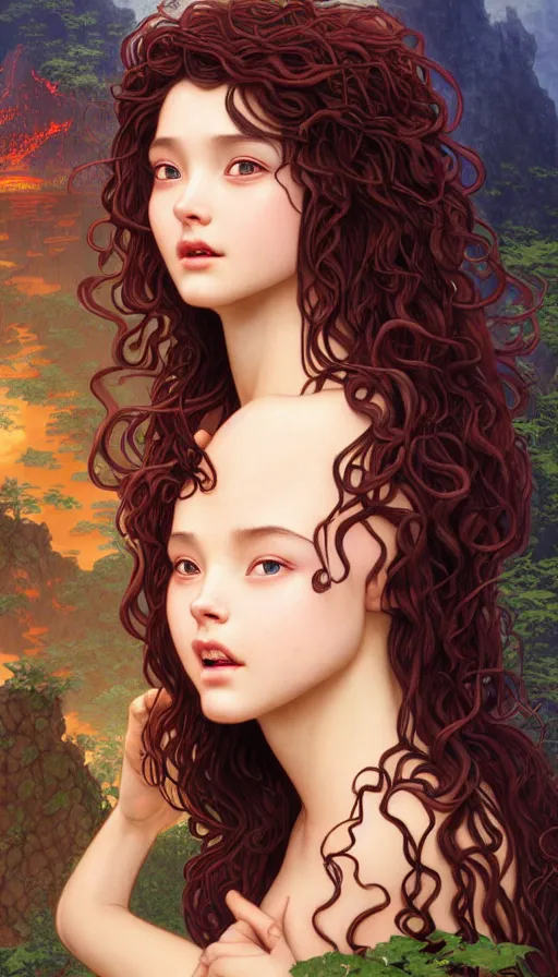 Image similar to a beautiful young girl, goddess of darkness surrounded by lava cliffs and rubies, with long curly hair, perfectly proportioned face, brown eyes, sweet smile, strong jawline,, natural lighting, path traced, highly detailed, high quality, cartoon, digital painting, by new haicheng and h. r. giger and studio ghibli and alphonse mucha