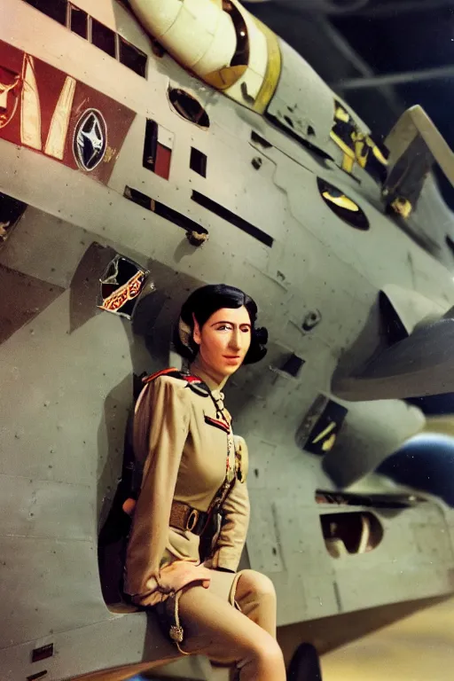 Image similar to 5 0 mm f 8 full body wide shot portrait colorized photography of a wwii bomber pilot who's a mix of cleopatra and mata hari with grey eyes and rainbow ponytail hair, expression concentrated, setting is in a starship hangar bay, by omar z. robles