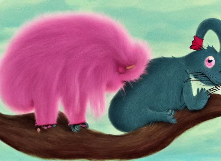 Image similar to dr. seuss sad lonely pretty pink fluffy depressed creature on an island | female | cute but very sad | pity | midnight paintings | intricate detail | bold colors | illustration | lonely barren dreary island | detailed environment