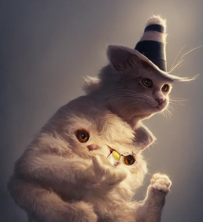 Image similar to complex 3 d render, hyper detailed, ultra sharp, of the cat in the hat, scary, fluffy, cinematic, natural soft light, rim light, art by greg rutkowski and moebius, dr seuss