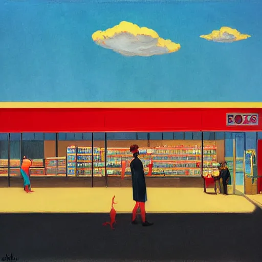 Image similar to red people with clouds at yellow blue art deco empty grocery store, open ceiling, highly detailed, painted by Francis Bacon and Edward Hopper, painted by James Gilleard, surrealism, airbrush, art by James Jean