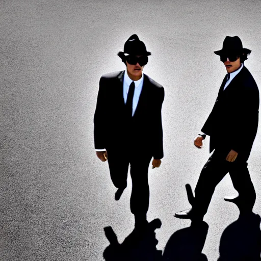 Image similar to blues brothers walking towards camera with white background. wearing suits. strong shadows. high contrast. serious look. carrying a pistol