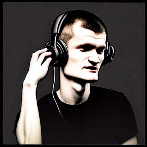 Image similar to vitalik buterin in big headphones with closed eyes listens to music with black background, wayne barlow, bao pham, donato giancola, larry elmore, masterpiece, trending on artstation, featured on pixiv, cinematic composition, beautiful lighting, sharp, details, hyper - detailed, hdr, 4 k, 8 k