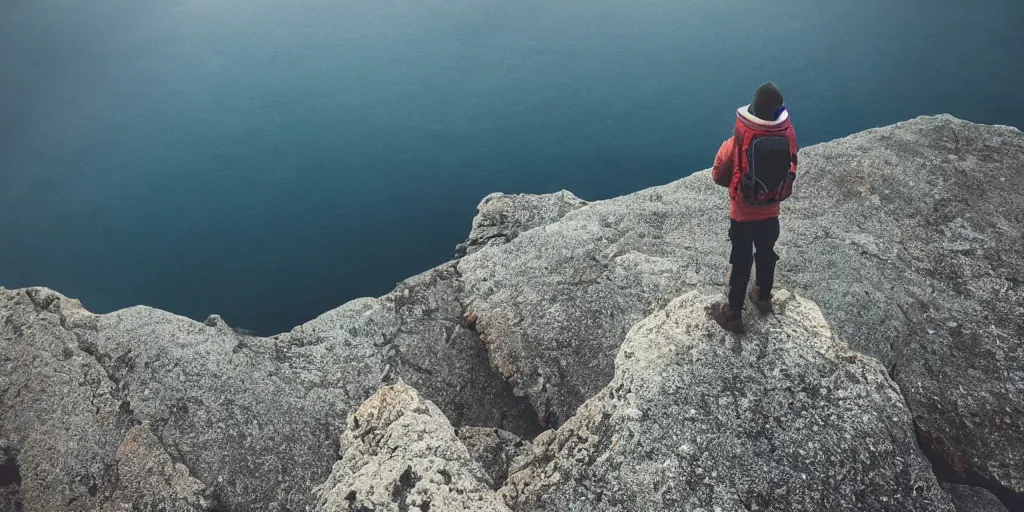 Image similar to Moebius art stryle of a solo backpacker standing on the edge of the world, intense, peace, epic, Thriller, serenity, ready, calm, resolution, apipheny, serendipity, high, clenching, ultra, 8k, HD, detailed, cinematic, dramatic, lighting, bright limited color palette, in focus, sharp, landscape