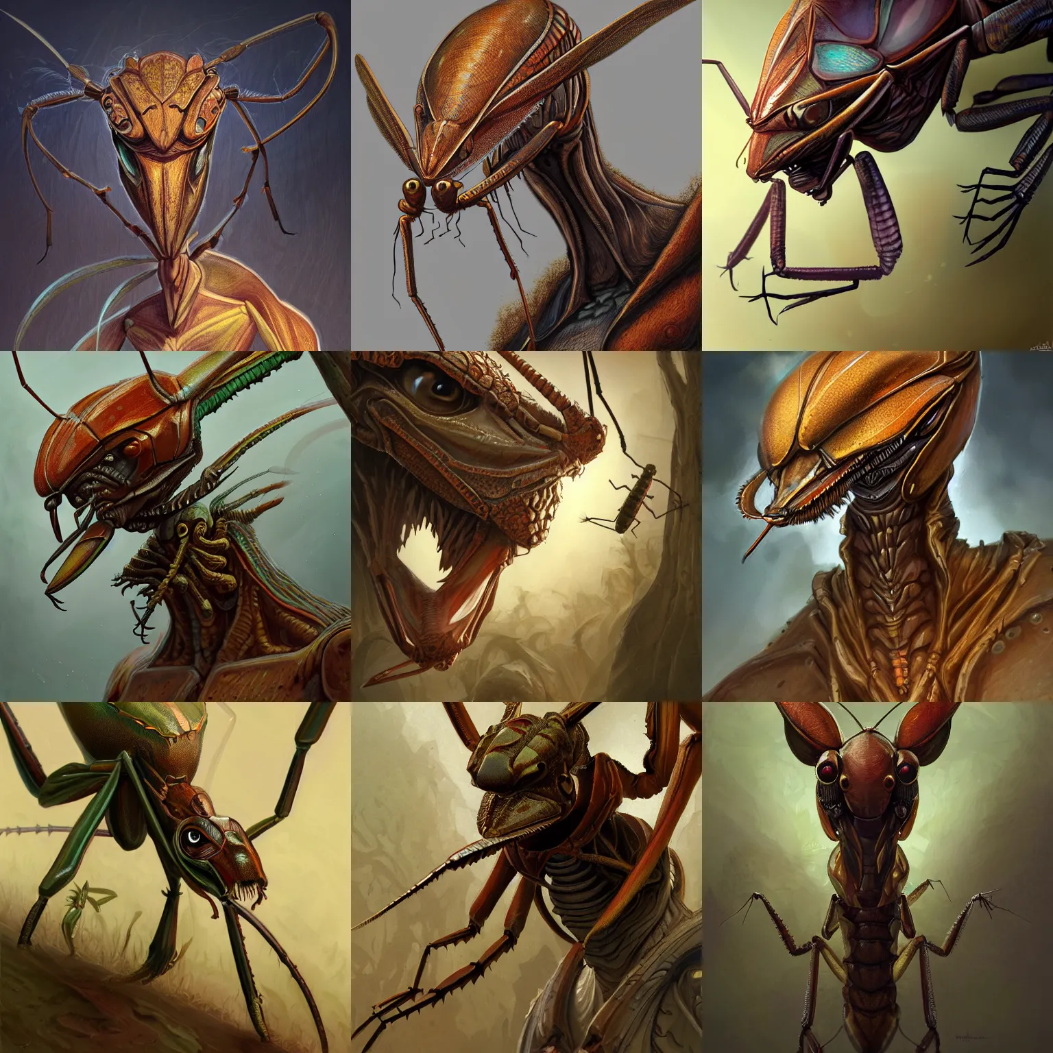 Prompt: portrait of an anthropomorphic insectoid, predatory praying mantis, brown exoskeleton, d & d rogue, thin antennae, pancake flat triangle - shaped head, concept art, deep focus, fantasy, intricate, highly detailed, digital painting, artstation, matte, sharp focus, illustration, art by marc simonetti