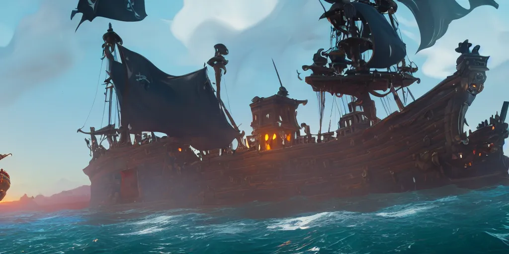 Image similar to a wide shot of a fortnite pirate standing on the front of the ghost ship with the black Jolly Roger flag, the ghost ship is in the middle of the ocean, extremely detailed, pirate portrait, fantasy art overwatch and heartstone, cgsociety, artstation hq, octane render, 8k, stylized 3D CGI art