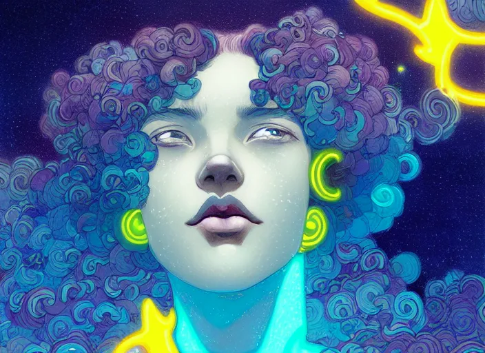 Prompt: harmony of blue agate woman, curly blue hair, night sky, looking up, swirly clouds, neon yellow stars, by wlop, james jean, victo ngai! muted colors, highly detailed, fantasy art by craig mullins, thomas kinkade