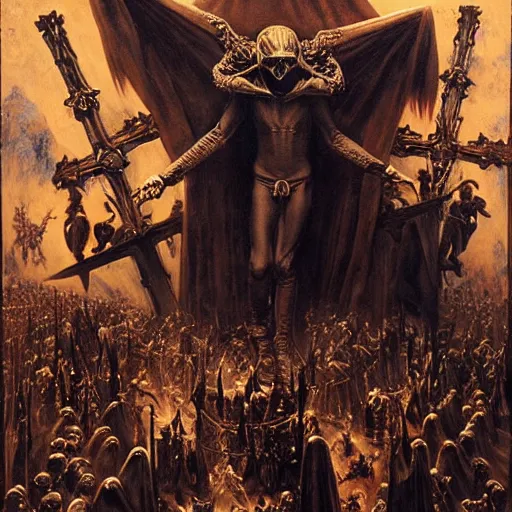 Image similar to dante's inferno, with people in black hooded tunic like in the film eyes wide shut of stanley kubrick, illuminati symbol, crows, skeletons, crosses, dark beauty, rotten gold, perfect faces, extremely detailed. highly detailed painting by gaston bussiere and j. c. leyendecker 8 k