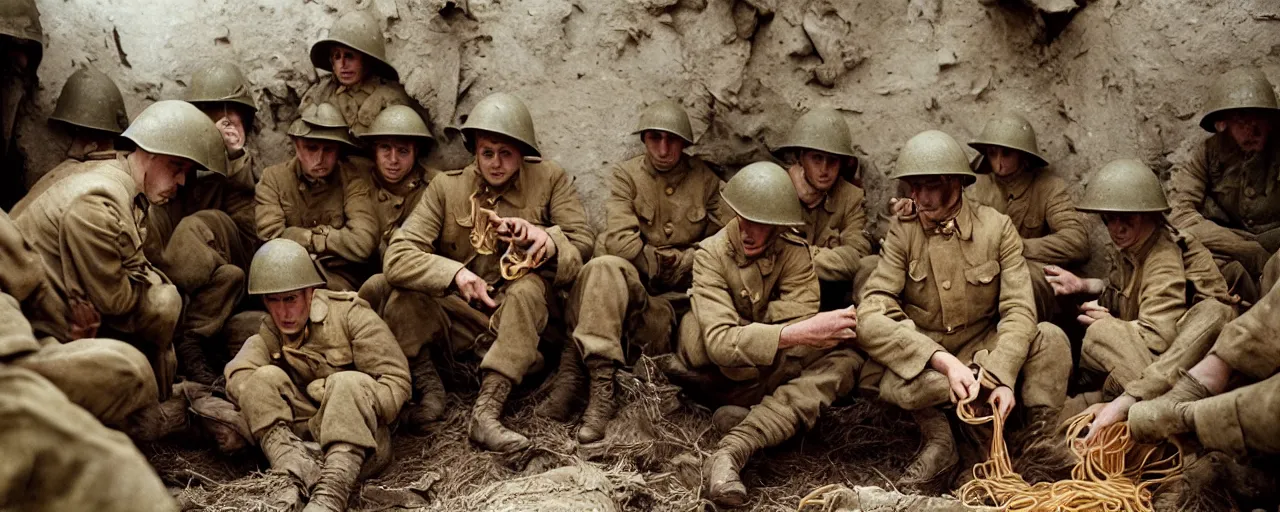 Image similar to soldiers eating spaghetti in the trenches, world war one, canon 5 0 mm, high detail, intricate, cinematic lighting, photography, wes anderson, film, kodachrome