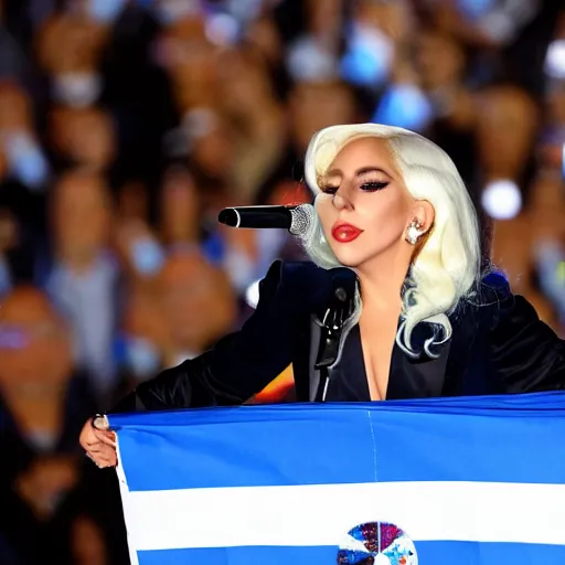 Image similar to Lady Gaga as president, Argentina presidential rally, Argentine flags behind, bokeh, giving a speech, detailed face, Argentina