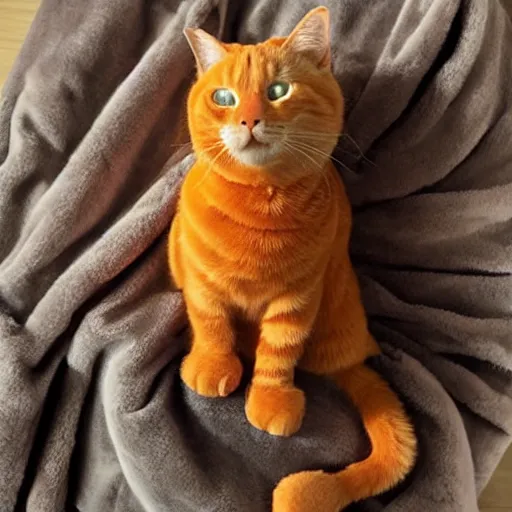 Image similar to Adorable orange tabby cat wearing headphones, wearing a collar with D20 dice on it, lying on a fuzzy blanket, in a sunbeam, Pixar, cozy, golden hour