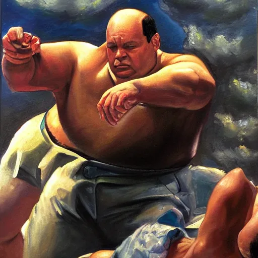 Prompt: An oil painting of george costanza fighting the covenant