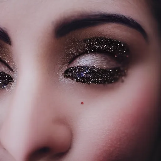 Image similar to Close-up of an angelic woman's face, wearing glitter. Photography, Canon.