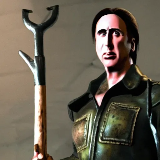 Prompt: nickolas cage holding the green axe from silent hill one, highly detailed, ultra realistic, 4 k