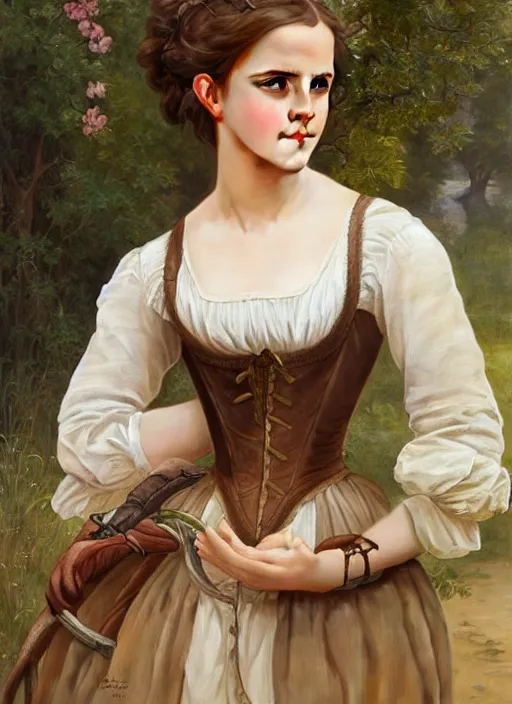 Prompt: full length portrait emma watson as 17th century country girl, shining, 8k highly detailed, sharp focus, illustration, art by artgerm, mucha, bouguereau