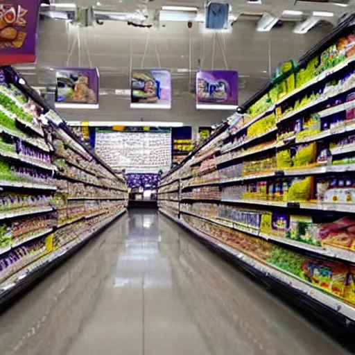 Prompt: A interior view of a grocery store in the future, nanotech is ubiquitous