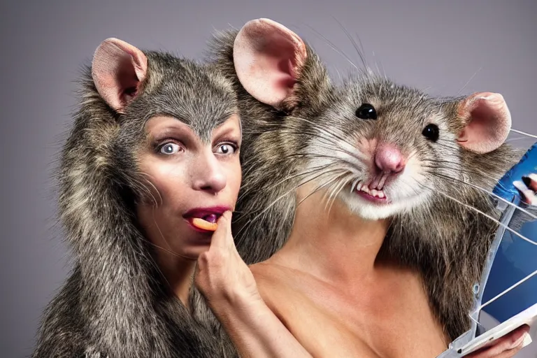 Image similar to photo, furry antropomorphic rat - woman with human face eats thick internet cable! highly detailed, intricate details