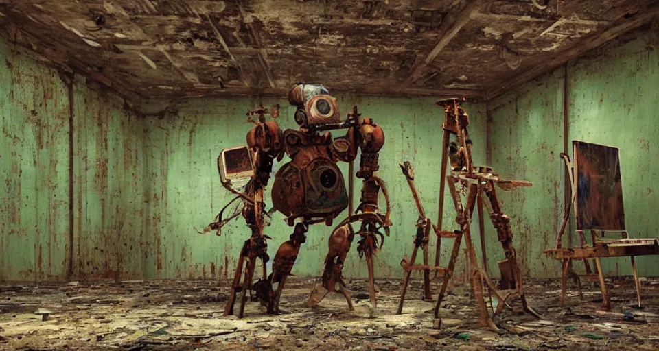 Prompt: portrait of a highly detailed rusted robot, holding an easel and a paintbrush, in an abandoned brutalist warehouse, painting a beautiful green utopian landscape painting on canvas, volumetric lighting, alone, isolated, sever farm, dystopian