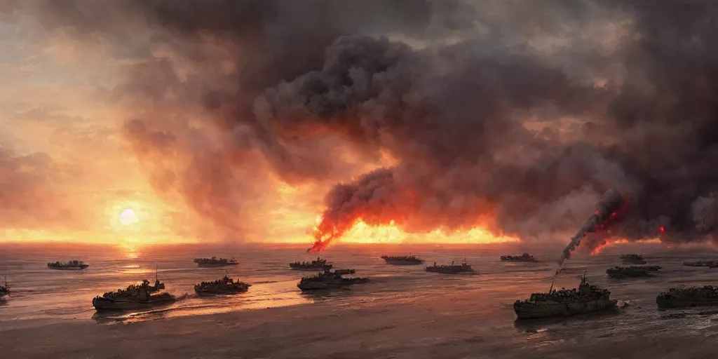 Prompt: the normandy landings, d - day, 1 9 4 5, sunset, chaos, smoke, fire, soldiers charging in, airplanes bombing the beach, destroyed tanks, highly detailed, wide shot, sadness, cinematic, ultra realistic, ray tracing, painting by jessica rossier and ivan shishkin