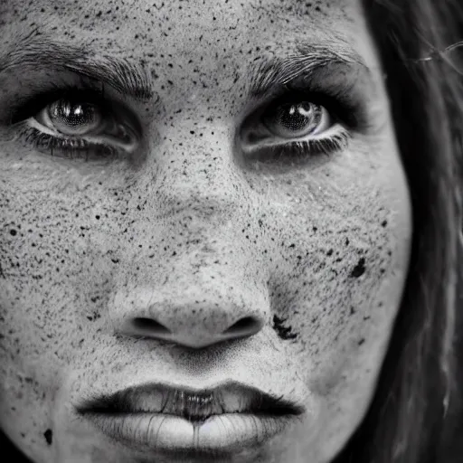 Image similar to minimalist photography portrait of a neanderthal woman, symmetrical, super close up, mid thirties, freckles, cute round slanted eyes, caucasian, wide nostrils, high cheekbones, high flat eyebrows, leica 1 0 0 mm f 0. 8