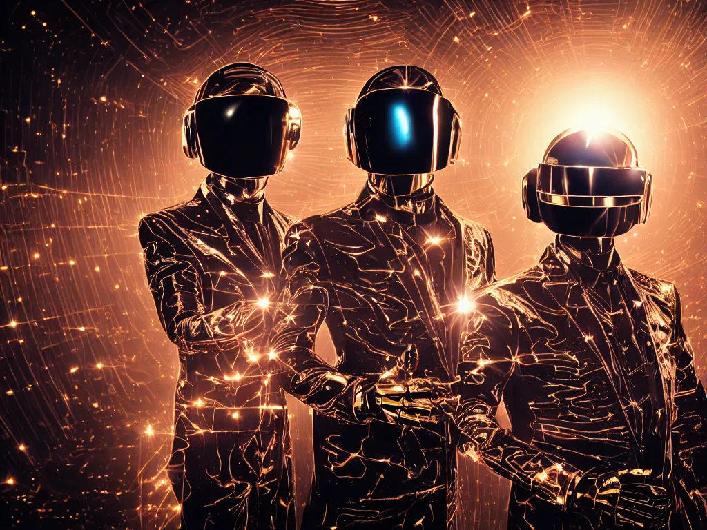 Prompt: a cinematic photo real depiction of daft punk as roland tb-303 self replicating robot shogon samurai ,hyper detail wrapping bio-mech fiber optic cables with particles and machine parts, Beautiful metallic glowing tech volumetric lighting, cgsociety, artstation, wideangle fisheye lens, dof:-1