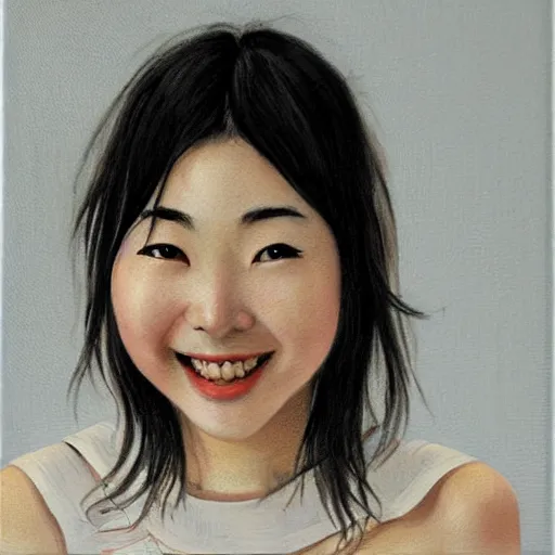Prompt: mikan tsumiki, a 2 1 - year - old japanese woman, smiles with tears in her eyes, realistic oil painting by yasutomo oka, soft features, bittersweet
