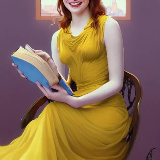 Image similar to a smiling emma stone wearing a yellow dress and reading a book, masterpiece, intricate, elegant, highly detailed, digital painting, artstation, concept art, smooth, sharp focus, illustration, art by artgerm and greg rutkowski and alphonse mucha and uang guangjian and gil elvgren and sachin teng, symmetry!!