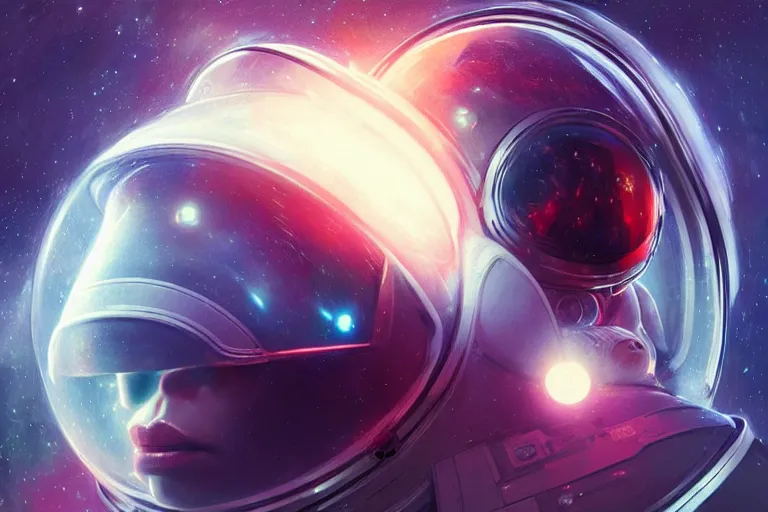 Image similar to portrait of a futuristic bulldog astronaut reflective visor mirror spacesuit reflecting a nebula supernova in space, portrait, intricate, digital painting, artstation, concept art, smooth, sharp focus, illustration, cinematic lighting, art by artgerm and greg rutkowski and alphonse mucha