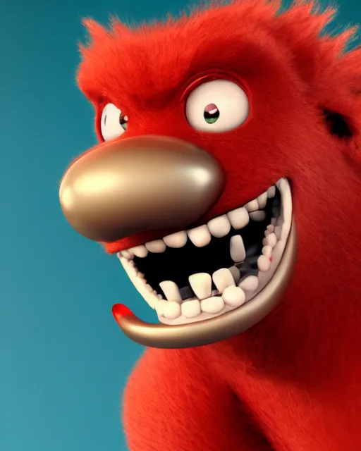 Prompt: 3 d render of completely red hairy friendly antropomorphic robust cartoony creature wearing chrome shades, without nose, full body, in the style of pixar, simple, cute, white background, unreal engine 5, octane render, highly detailed hdr