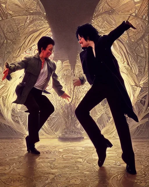 Prompt: Michael Jackson & Michael Mcintyre dancing in front of a crowd,real life skin, intricate, elegant, highly detailed, artstation, concept art, smooth, sharp focus, art by artgerm and greg rutkowski and alphonse mucha