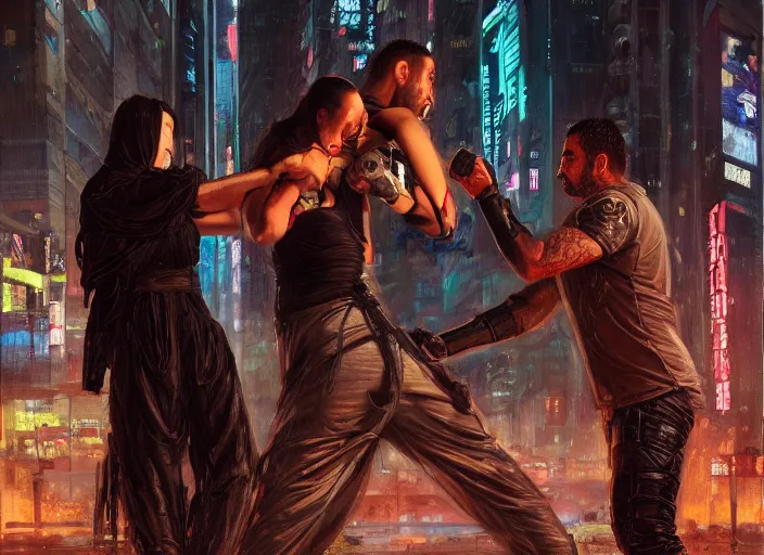 Image similar to cyberpunk jujitsu match ( blade runner 2 0 4 9, dystopian, cyberpunk 2 0 7 7 character design ). orientalist portrait by john william waterhouse and james gurney and theodore ralli and nasreddine dinet, oil on canvas. cinematic, hyper realism, realistic proportions, dramatic lighting, high detail 4 k