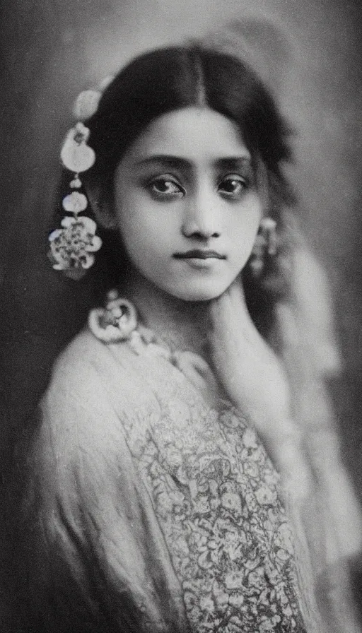 Prompt: vintage portrait photo of a beautiful beautifully lit nepalese Victorian woman by alphonse mucha