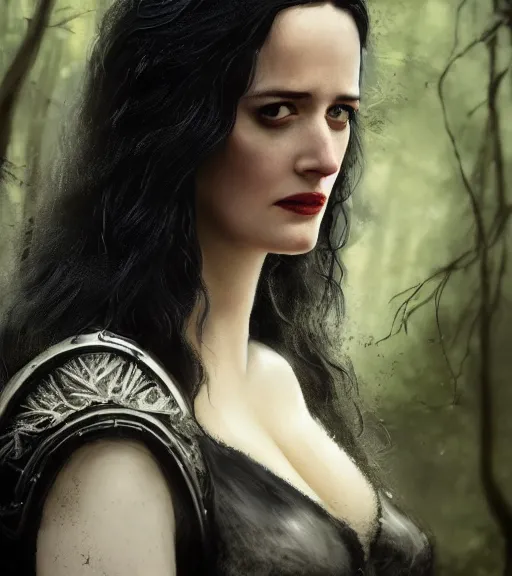 Image similar to 5 5 mm close up portrait photo of eva green as yennefer of vengerberg in black leather armor and long black fluff hair, in a forest. magical atmosphere. art by greg rutkowski. lifelike. very detailed 8 k. intricate. soft light. nikon d 8 5 0.