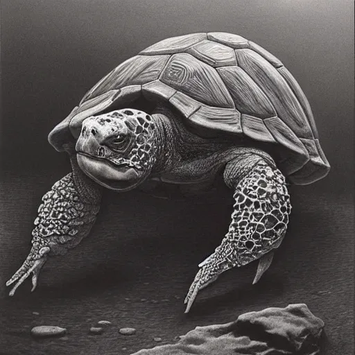 Image similar to A tortoise covered in blood, roaring in antipication of death, style of keith thompson, laurie lipton, Zdzisław Beksiński