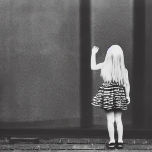 Image similar to a child\'s crayon drawing, showing a girl standing, holding hands of her monochrome transparent parents, looking at a building on fire, from behind, album cover