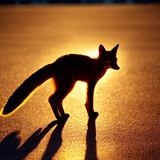 Prompt: a low angle photo of a cat fox hybrid, at the golden hour, sunset, sunrise, warm lighting, strongshadows, photo by slim aarons, award winning, 4 k