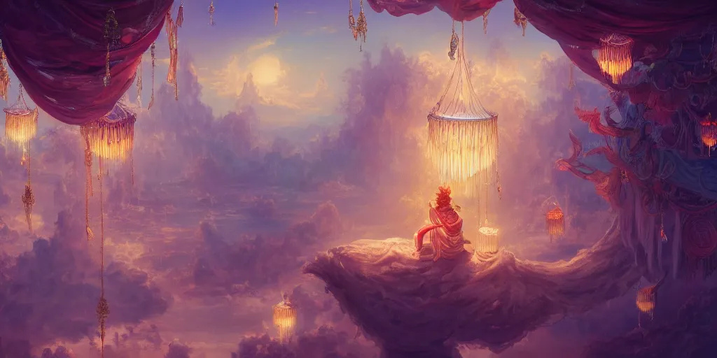 Image similar to painting of a god of wind enjoying his ornate heavenly palace, decorated with windchimes and paper lanterns, stunning nature in background, cinematic, 8 k, hyper detailed, digital art trending on artstation