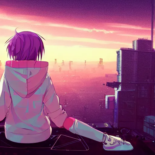 Prompt: android mechanical cyborg anime girl child overlooking overcrowded urban dystopia sitting. Pastel pink clouds baby blue sky. Gigantic future city. Raining. Makoto Shinkai. Wide angle. Distant shot. Purple sunset. Sunset ocean reflection. Pink hair. Pink and white hoodie. Cyberpunk. featured on artstation. robotic wired knee. white hoodie.
