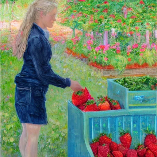 Prompt: Cute Blonde Girl 21 years old with locks sells Strawberries in a fruit stand, the fruit stand is a giant Strawberry, oil on canvas, Impressionism