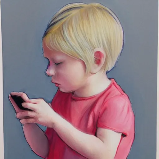 Image similar to 3 year old blonde girl with iphone, colored pencil on white background by eloise wilkin