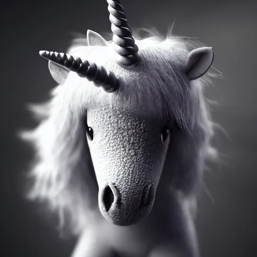 Image similar to full body pose, hyperrealistic photograph of a cute wooly unicorn, dim volumetric lighting, 8 k, octane beautifully detailed render, extremely hyper detailed, intricate, epic composition, cinematic lighting, masterpiece, trending on artstation, very very detailed, stunning, hdr, smooth, sharp focus, high resolution, award, winning photo, dslr, 5 0 mm